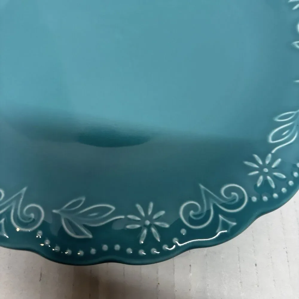 Pioneer Woman Teal Salad Plates Set of 4 Floral Scalloped Stoneware 9”